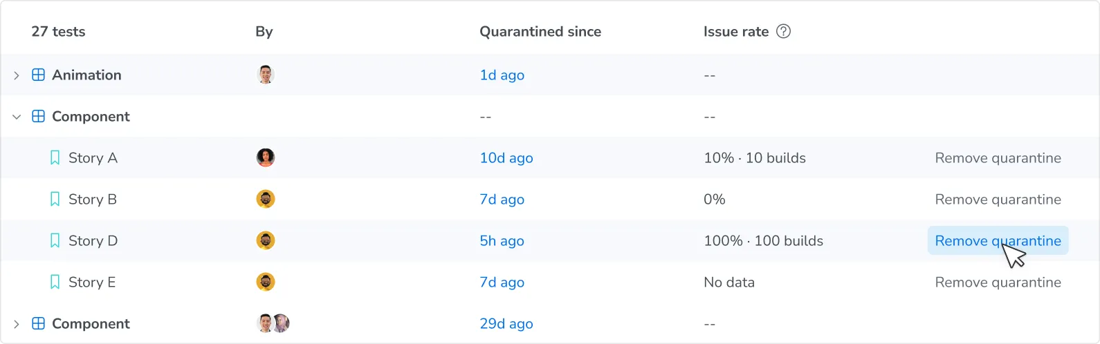 Use the Remove quarantine button next to a quarantined test on the dashboard
