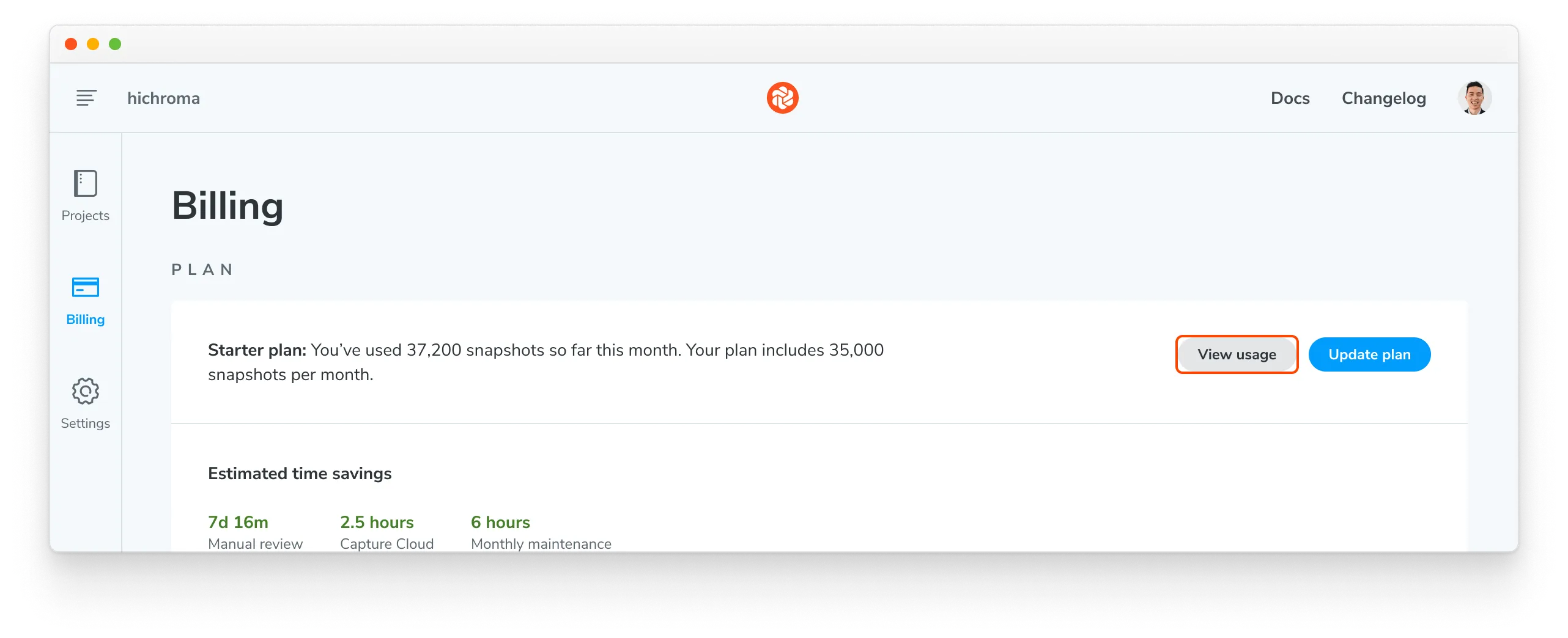 Access current billing period's usage report from the Plan section
